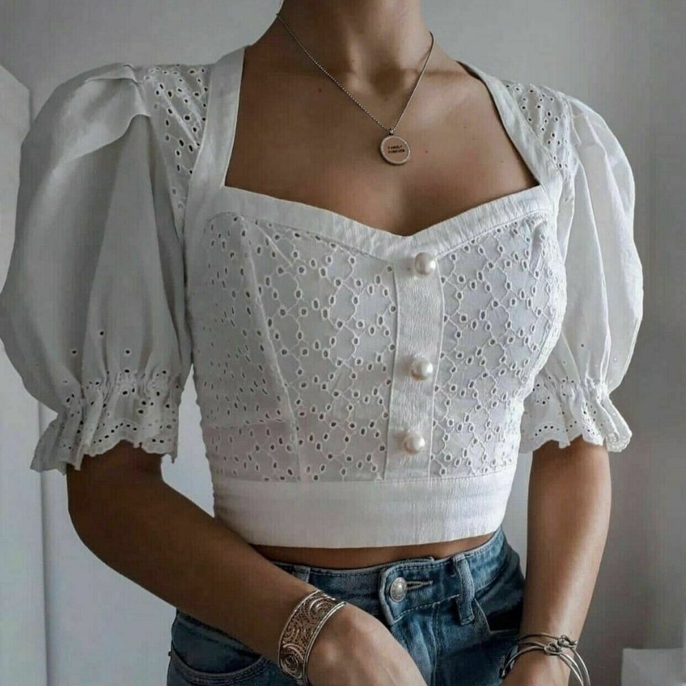 Zara White Eyelet Puff-Sleeve Crop Top